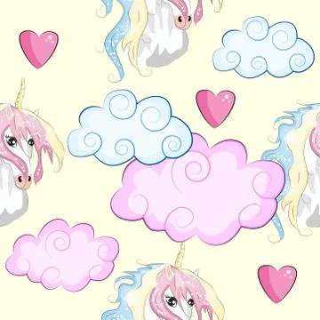 Seamless pattern with unicorns, stars, clouds and abstraction, paint splashes Stock Illustration