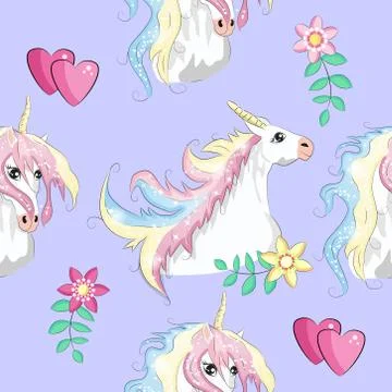 Seamless pattern with unicorns, stars, clouds and abstraction, paint splashes 스톡 일러스트