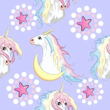 Seamless pattern with unicorns, stars, clouds and abstraction, paint splashes Stockillustratie