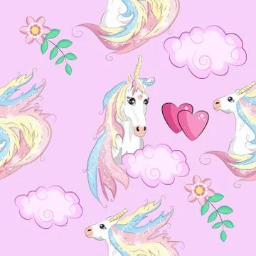 Seamless pattern with unicorns, stars, clouds and abstraction, paint splashes Stock Illustration
