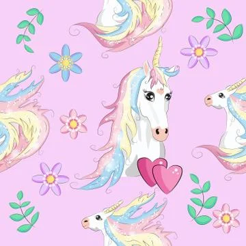 Seamless pattern with unicorns, stars, clouds and abstraction, paint splashes Stock Illustration