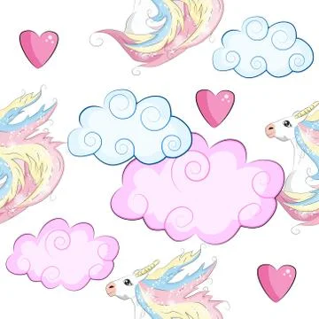 Seamless pattern with unicorns, stars, clouds and abstraction, paint splashes Stock Illustration