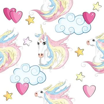 Seamless pattern with unicorns, stars, clouds and abstraction, paint splashes イラスト素材