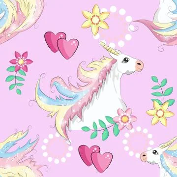 Seamless pattern with unicorns, stars, clouds and abstraction, paint splashes Stock Illustration