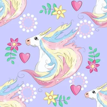 Seamless pattern with unicorns, stars, clouds and abstraction, paint splashes Stock Illustration