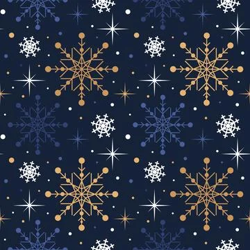 Seamless pattern of unique white and gold snowflakes on a bright blue background Stock Illustration