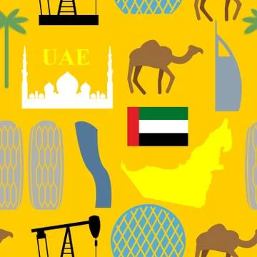 Seamless pattern United Arab Emirates. Desert and camels and palm trees and s 스톡 일러스트
