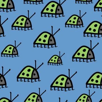 Seamless pattern unusual green bugs ladybug with black mustache and spots on Stock Illustration