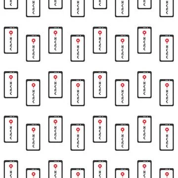 Seamless pattern of upright smartphones, red markers and Here text, hand drawn Stock Illustration