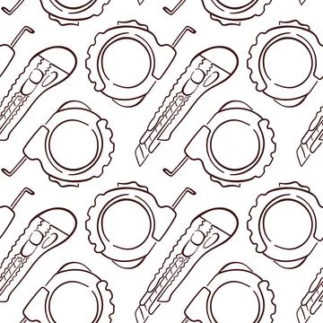 Seamless pattern with utility knife and measuring tape in line art style on Stock Illustration