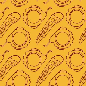 Seamless pattern with utility knife and measuring tape in line art style on Illustrazione stock