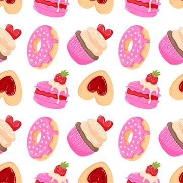 Seamless pattern with Valentine day dessert, donut, cupcake, macaron and heart 스톡 일러스트