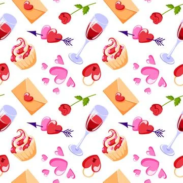 Seamless pattern with valentine day romantic element, heart, wine glass, cupcake Stock Illustration