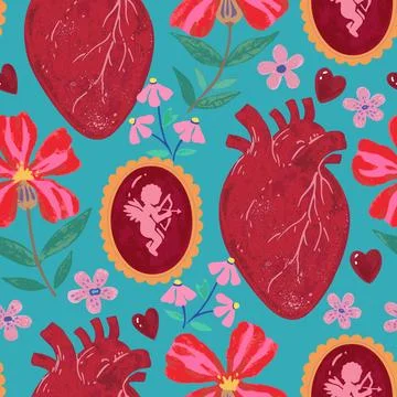 Seamless pattern with valentine elements in gothic victorian style. Hand-dr.. Stock Illustration