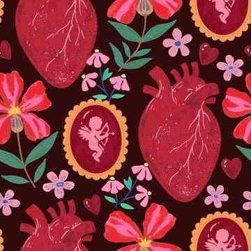 Seamless pattern with valentine elements in gothic victorian style. Hand-dr.. Stock Illustration