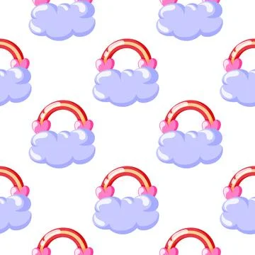 Seamless pattern with valentine rainbow, pink heart and cloud on white Stock Illustration