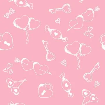 Seamless pattern for valentine s day with hearts, gifts, bows, ribbons, balls. 스톡 일러스트