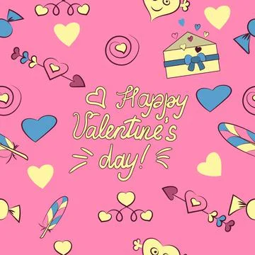 Seamless pattern of Valentine s day elements isolated on pink background. Vec Illustrazione stock