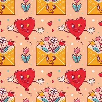 Seamless pattern for Valentines Day. Characters in old retro cartoon style Stock Illustration