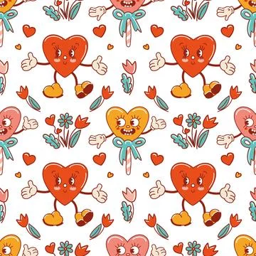 Seamless pattern for Valentines Day. Characters in old retro cartoon style Stock Illustration