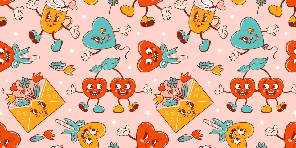Seamless pattern for Valentines Day. Characters in old retro style. Dancing.. Illustrazione stock
