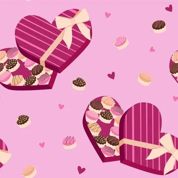 Seamless pattern for Valentine's Day. Chocolate candy in heart box with heart Stock Illustration
