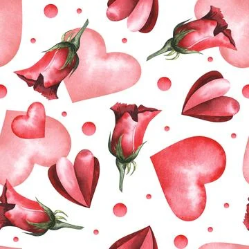 Seamless pattern for Valentine's Day. Collection of watercolor hearts and roses Illustrazione stock