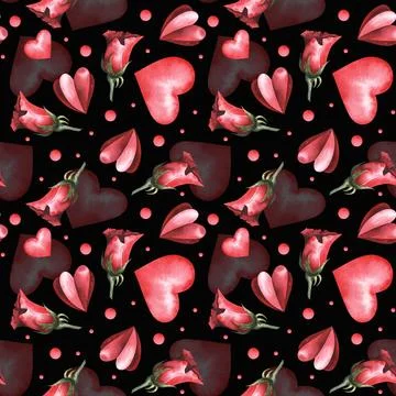 Seamless pattern for Valentine's Day. Collection of watercolor hearts with roses Stock Illustration