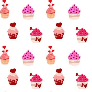 Seamless pattern with Valentine's Day cupcake sticker pixel art. 8-bit sprite. Illustrazione stock
