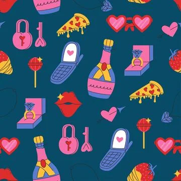 Seamless pattern to Valentine's day. Cute doodle illustrations. Groovy retro  Stock Illustration