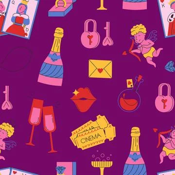 Seamless pattern to Valentine's day. Cute doodle hand drawn illustrations. Go Stock Illustration