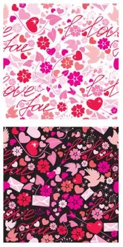 Seamless pattern for valentine`s day with doves, letters, hearts, arrows and Illustrazione stock