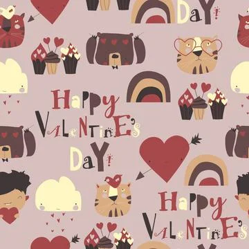 Seamless pattern with Valentines Day elements on white background 스톡 일러스트