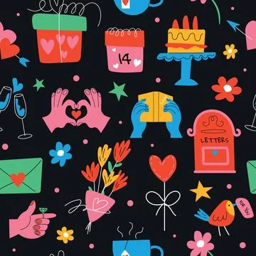 Seamless Pattern with Valentine's Day Elements, Gifts, Flowers and Love Sym.. Stock Illustration