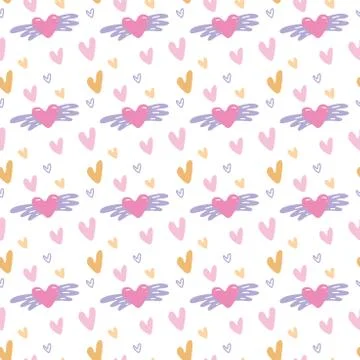 Seamless pattern for Valentine's Day. Hand drawn hearts with wings. Doodle Ve Stock Illustration