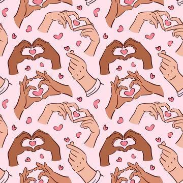 Seamless pattern for Valentines Day hand gestures. Finger Heart. gesture depi イラスト素材