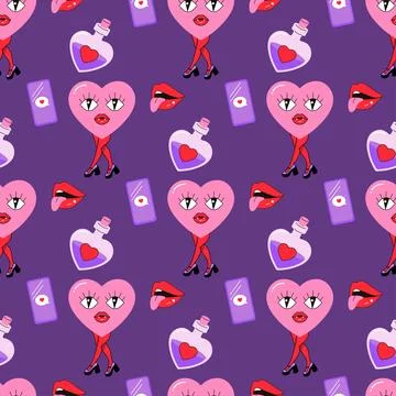 Seamless pattern, valentines day, hearts, groovy letter, love potion Stock Illustration