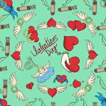 Seamless pattern Valentines Day holiday hearts green background Stock Illustration