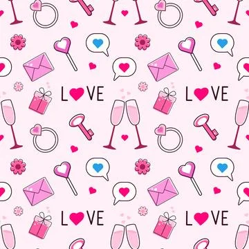 Seamless pattern valentines day. Line art style on pink background. Print Stock Illustration