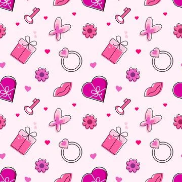 Seamless pattern valentines day. Line art style on pink background. Print for ca Stock Illustration