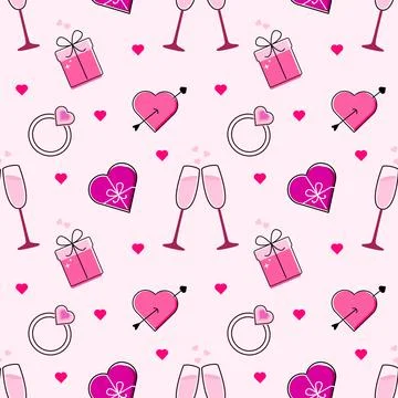 Seamless pattern valentines day. Line art style on pink background. Stock Illustration