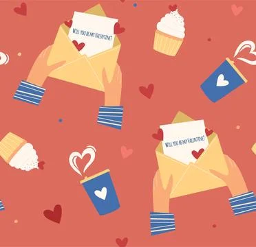 Seamless pattern for Valentine's Day. Love message, cute cupcake and warmin.. Illustrazione stock