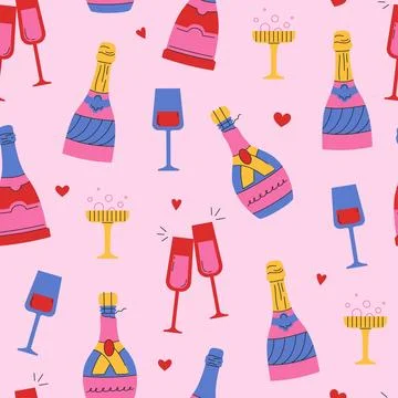 Seamless pattern to Valentine's day. Wine and champagne bottles, wineglasse.. Stock Illustration