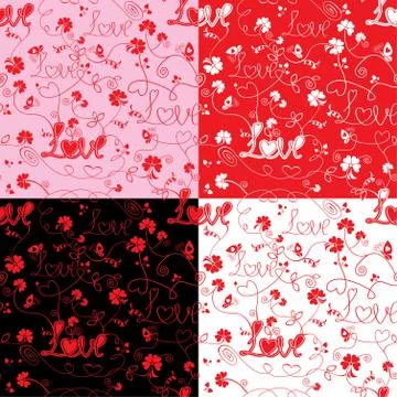 Seamless pattern for valentine`s day with word love, flowers and hearts on bl Stock Illustration