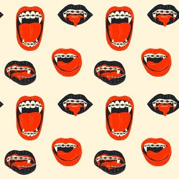 Seamless pattern with Vampire mouth with braces and fangs Illustrazione stock