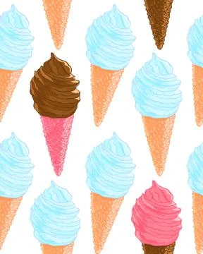 Seamless pattern with vanilla, pink and chocolate ice cream cones. Summer Stock Illustration