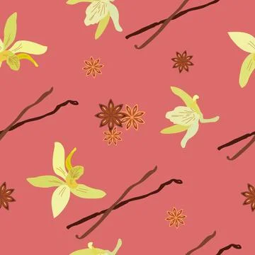 Seamless pattern with vanilla pods. Sweet vanilla. Background, print, wrapp.. Illustrazione stock