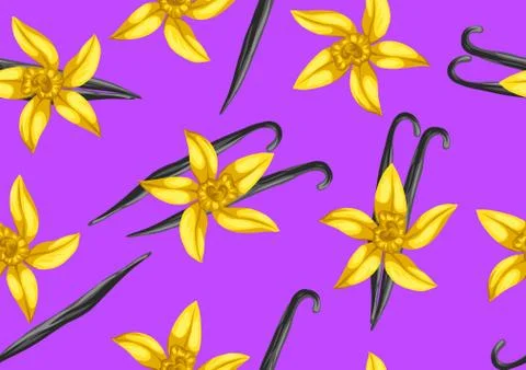 Seamless pattern with vanilla sticks and flower. Decorative ornament Stock Illustration