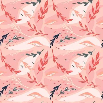 Seamless pattern with varied simple small plants and leaves isolated on pink  Stock Illustration