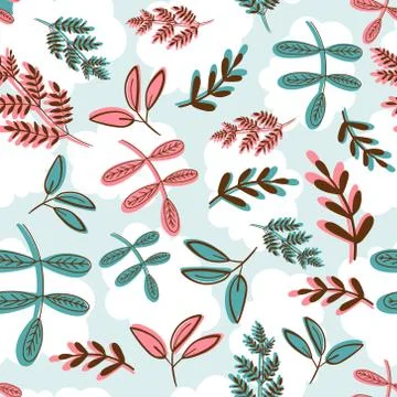 Seamless pattern of a variety of blue, teal and coral red branches, leaves and Stock Illustration